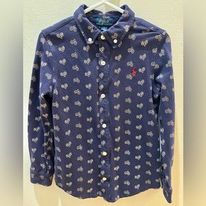 Polo by Ralph Lauren Knit Cotton Oxford Navy Blue Shirt Bicycle Print Boy Size 6
